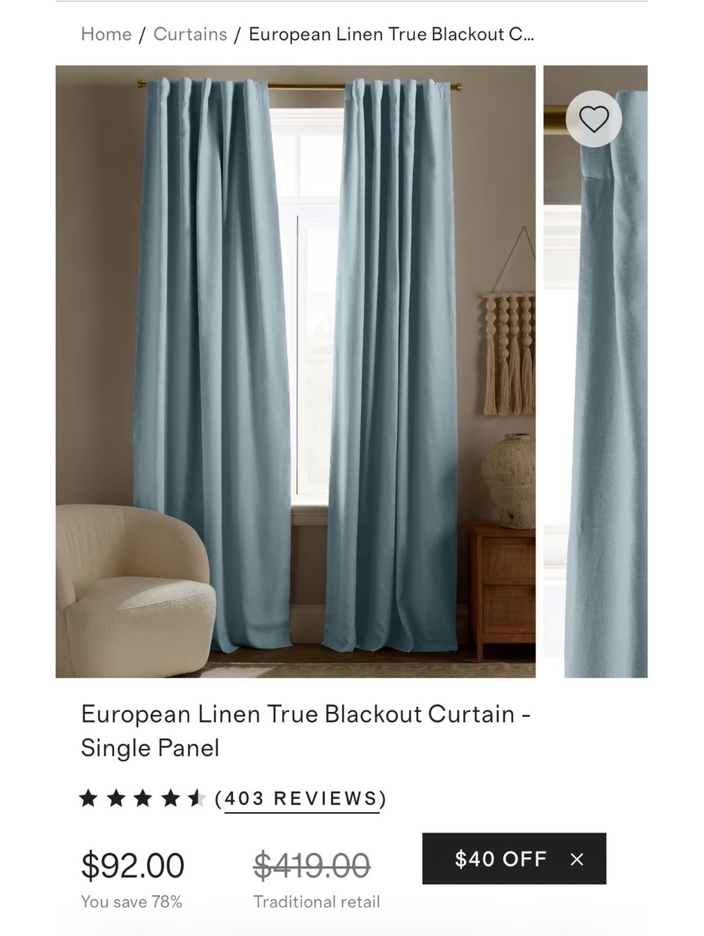 Quince light blue linen curtain black out 48x84